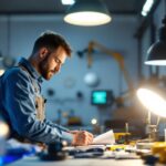 A photograph of a skilled lighting contractor at work