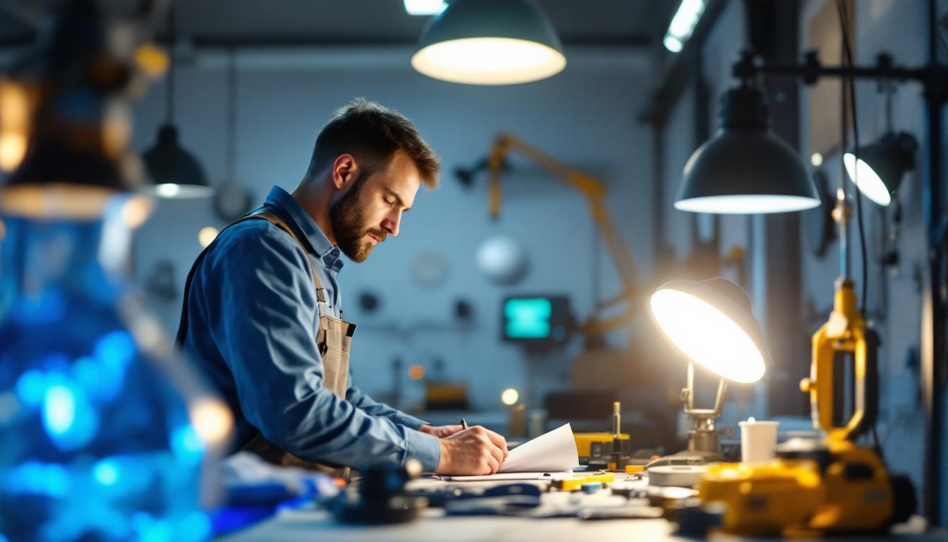A photograph of a skilled lighting contractor at work