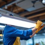 A photograph of a modern lighting contractor installing a sleek surface mount flat panel led fixture in a contemporary space