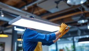 A photograph of a modern lighting contractor installing a sleek surface mount flat panel led fixture in a contemporary space