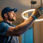 A photograph of a skilled lighting contractor expertly installing a stylish wrap-around light fixture in a modern residential or commercial space