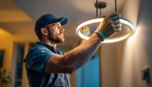 A photograph of a skilled lighting contractor expertly installing a stylish wrap-around light fixture in a modern residential or commercial space