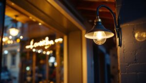 A photograph of a stylish gooseneck sign light fixture elegantly illuminating a charming storefront or outdoor signage at dusk