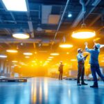 A photograph of a brightly lit warehouse interior showcasing various warehouse led light fixtures in action