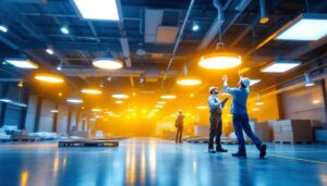 A photograph of a brightly lit warehouse interior showcasing various warehouse led light fixtures in action