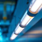 A photograph of a close-up shot of fluorescent tube tombstones installed in a commercial lighting setup