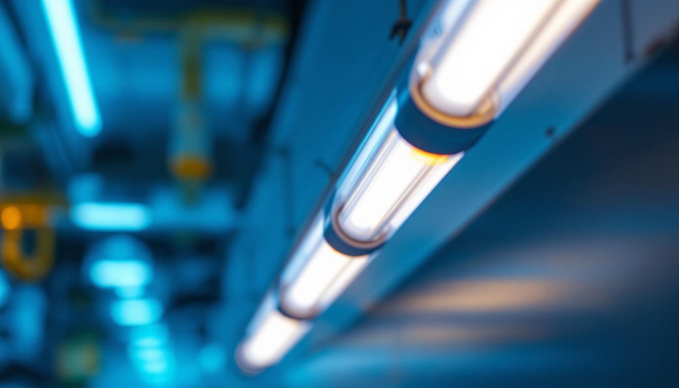 A photograph of a close-up shot of fluorescent tube tombstones installed in a commercial lighting setup
