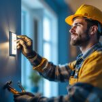 A photograph of a lighting contractor installing an occupancy light switch in a residential setting