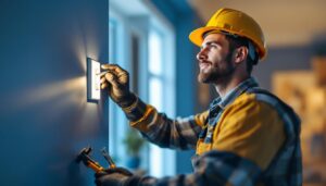 A photograph of a lighting contractor installing an occupancy light switch in a residential setting