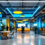 A photograph of a modern office space featuring innovative ceiling lighting designs