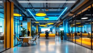 A photograph of a modern office space featuring innovative ceiling lighting designs