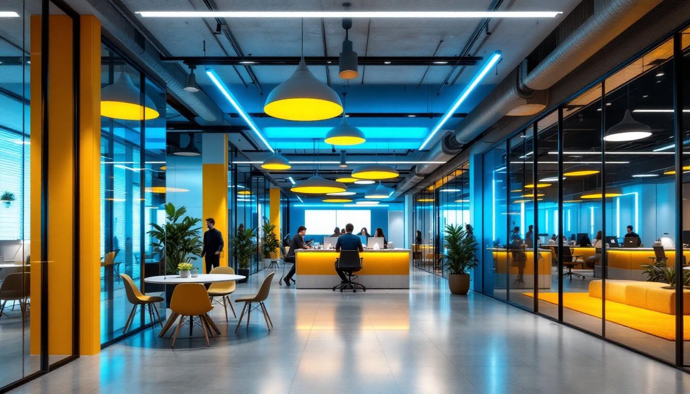 A photograph of a modern office space featuring innovative ceiling lighting designs
