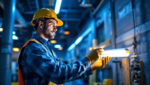A photograph of a lighting contractor installing t5 lamps in a commercial space