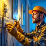 A photograph of a skilled lighting contractor installing bulk electrical outlets in a modern residential setting