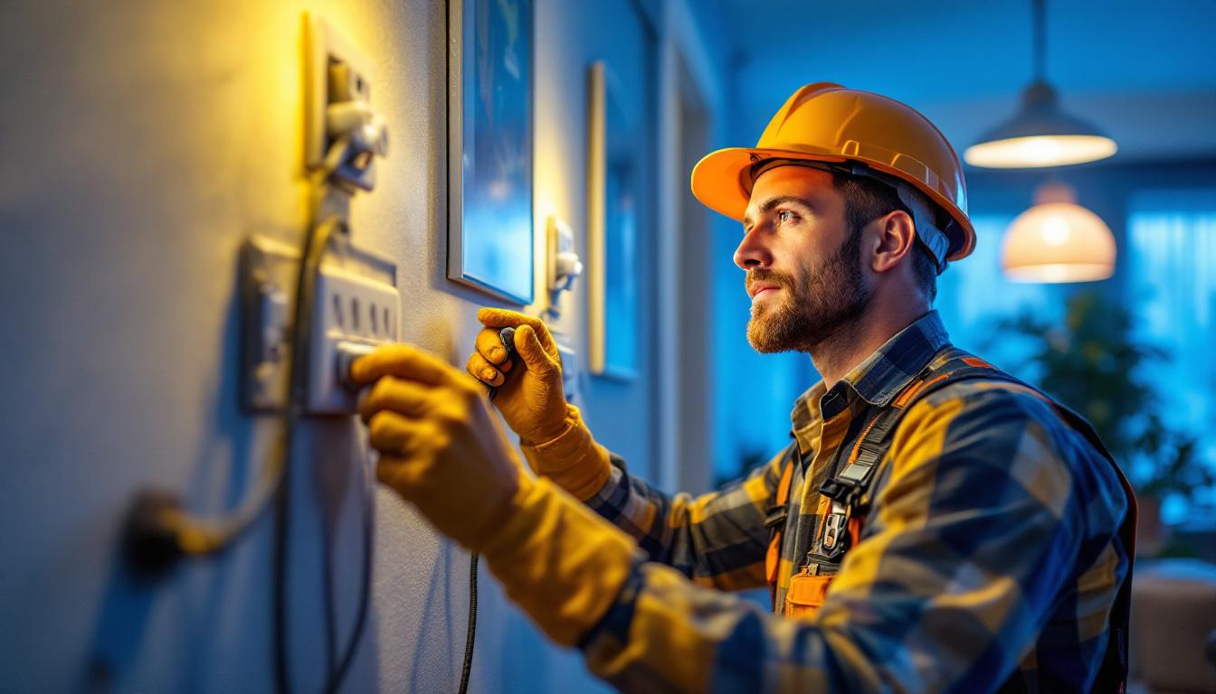 A photograph of a skilled lighting contractor installing bulk electrical outlets in a modern residential setting