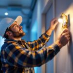 A photograph of a lighting contractor expertly installing new can lights in a modern residential setting