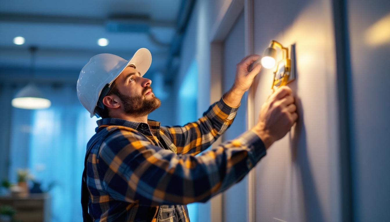 A photograph of a lighting contractor expertly installing new can lights in a modern residential setting