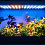 A photograph of a well-lit indoor gardening setup showcasing various plants thriving under different types of grow lights