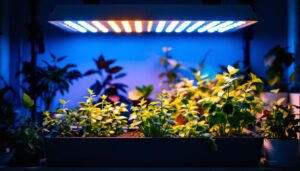 A photograph of a well-lit indoor gardening setup showcasing various plants thriving under different types of grow lights
