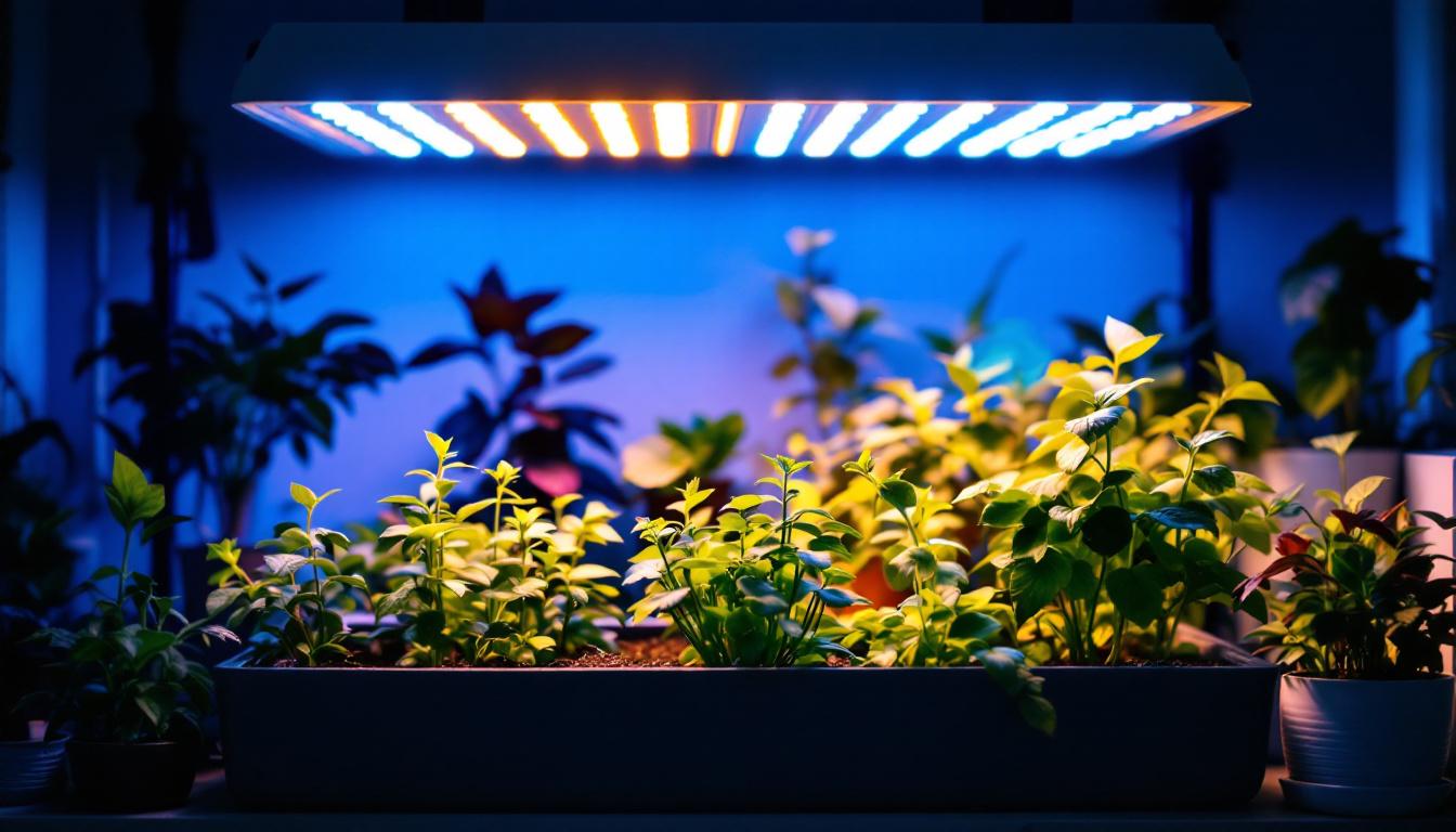 A photograph of a well-lit indoor gardening setup showcasing various plants thriving under different types of grow lights