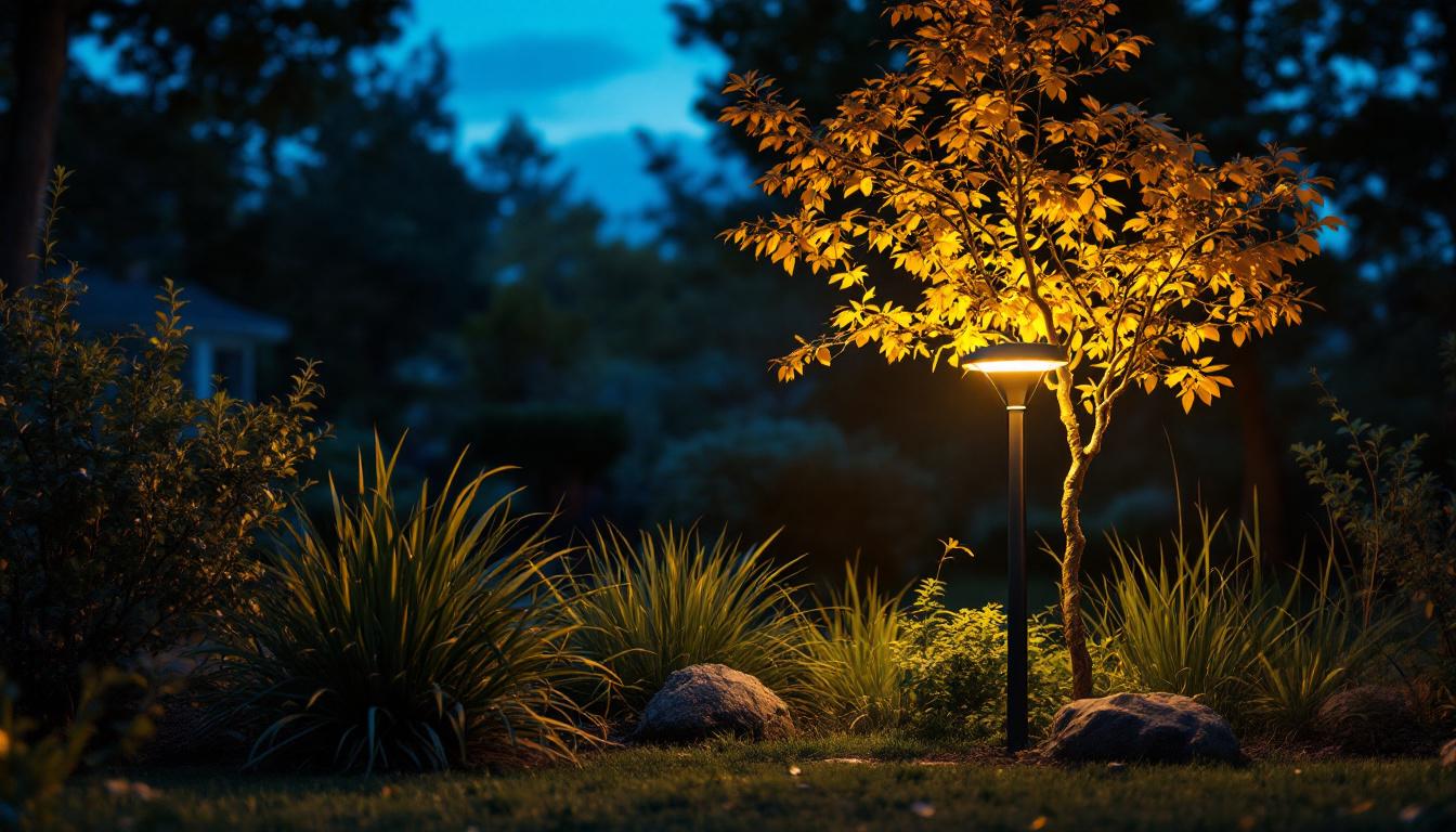 A photograph of a beautifully illuminated solar tree uplight in a landscaped setting