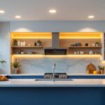 A photograph of a beautifully designed kitchen featuring modern recessed ceiling lights