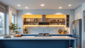 A photograph of a beautifully designed kitchen featuring modern recessed ceiling lights