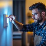 A photograph of a lighting contractor installing an automated light switch in a modern home setting