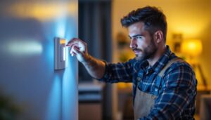A photograph of a lighting contractor installing an automated light switch in a modern home setting