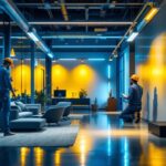 A photograph of a well-lit commercial space showcasing 2x4 led light fixtures in action