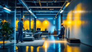 A photograph of a well-lit commercial space showcasing 2x4 led light fixtures in action