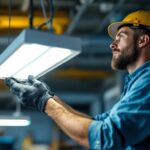 A photograph of a lighting contractor expertly installing the t5 high output fixture in a commercial setting