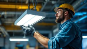 A photograph of a lighting contractor expertly installing the t5 high output fixture in a commercial setting