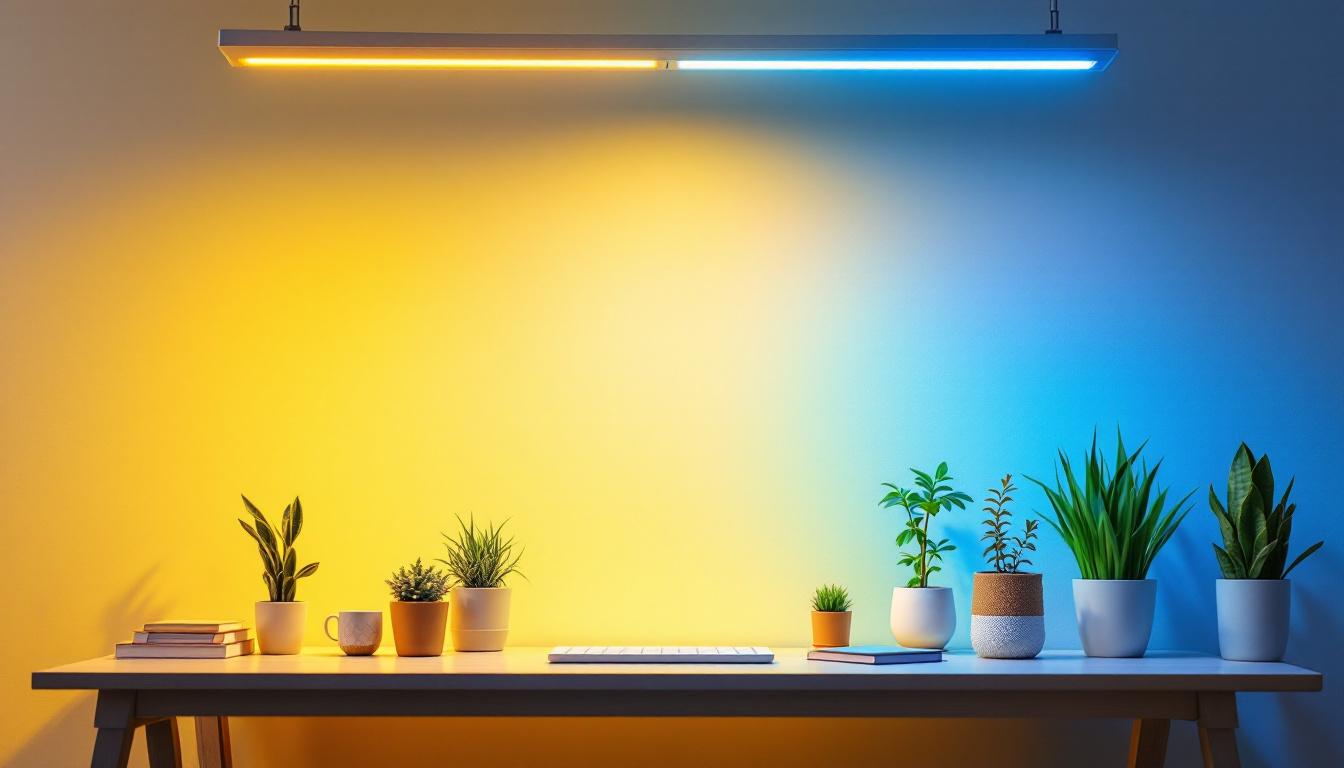 A photograph of capture a photograph of a well-lit office or workspace featuring a 2x2 panel led light installation