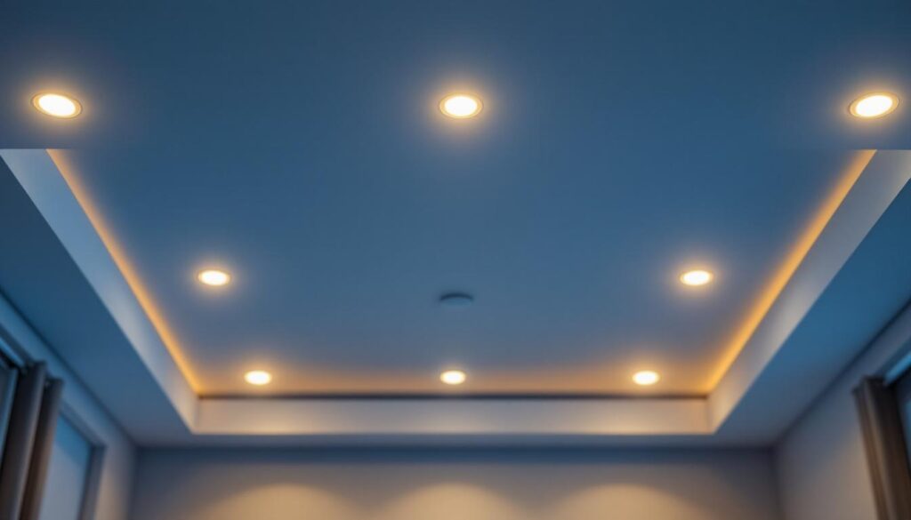 A photograph of a well-lit ceiling featuring various styles of ceiling light canisters installed in a modern home setting