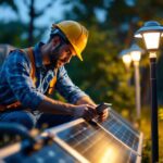 A photograph of a lighting contractor installing solar lamps in an outdoor setting