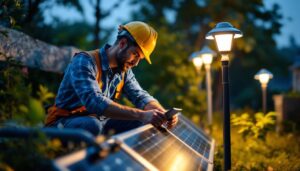 A photograph of a lighting contractor installing solar lamps in an outdoor setting