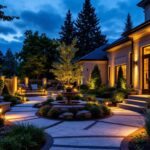 A photograph of a beautifully illuminated outdoor residential space at dusk