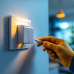 A photograph of a lighting contractor installing or adjusting a modern electrical outlet switch in a well-lit residential or commercial space