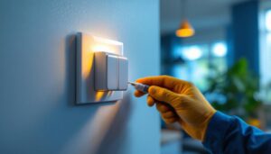 A photograph of a lighting contractor installing or adjusting a modern electrical outlet switch in a well-lit residential or commercial space