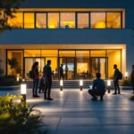 A photograph of a well-lit outdoor space showcasing various types of exterior bollard lighting