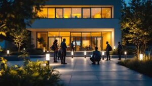A photograph of a well-lit outdoor space showcasing various types of exterior bollard lighting