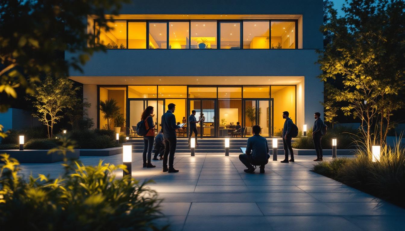 A photograph of a well-lit outdoor space showcasing various types of exterior bollard lighting