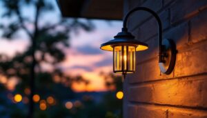 A photograph of a beautifully designed american-made outdoor light fixture installed in a scenic outdoor setting