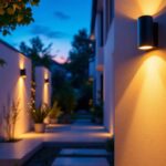 A photograph of a beautifully illuminated outdoor space featuring stylish wall led lights