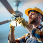 A photograph of a skilled lighting contractor inspecting or replacing parts of a ceiling fan