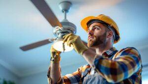 A photograph of a skilled lighting contractor inspecting or replacing parts of a ceiling fan