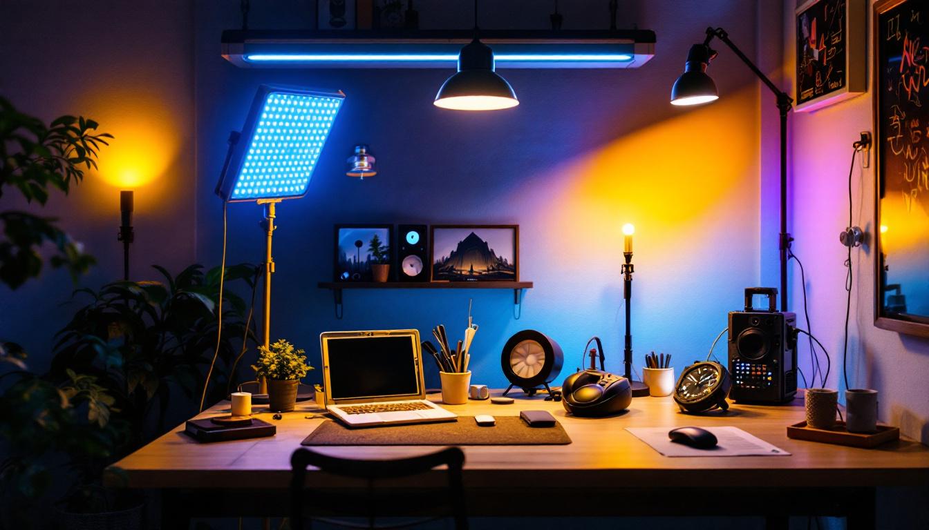 A photograph of a well-lit workspace showcasing various led lights in use