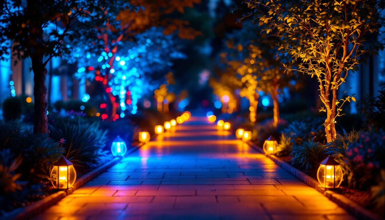 A photograph of a beautifully illuminated outdoor pathway featuring vibrant color-changing lights
