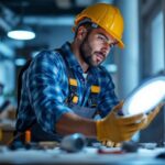 A photograph of a lighting contractor installing a 6-inch led retrofit kit in a commercial or residential setting